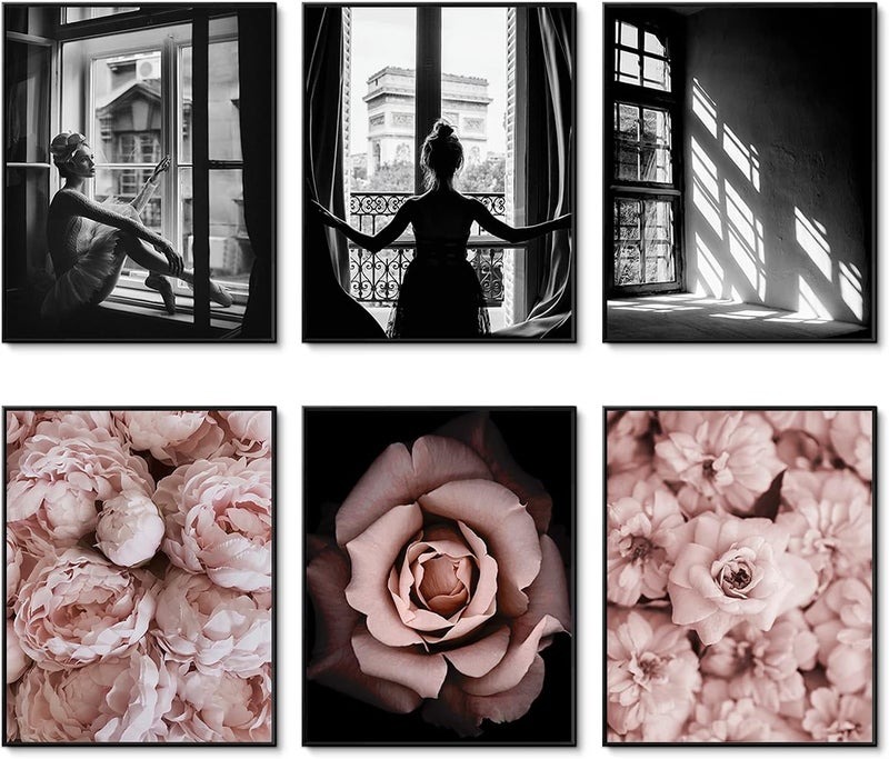 HoozGee Romantic Roses Fashion Wall Art Prints Set of 6 Black and White Pink Minimalist Wall Art Canvas Painting Posters Prints Poster Set for Living Room Bedroom Home Decor (11"x14" UNFRAMED) - Image 1