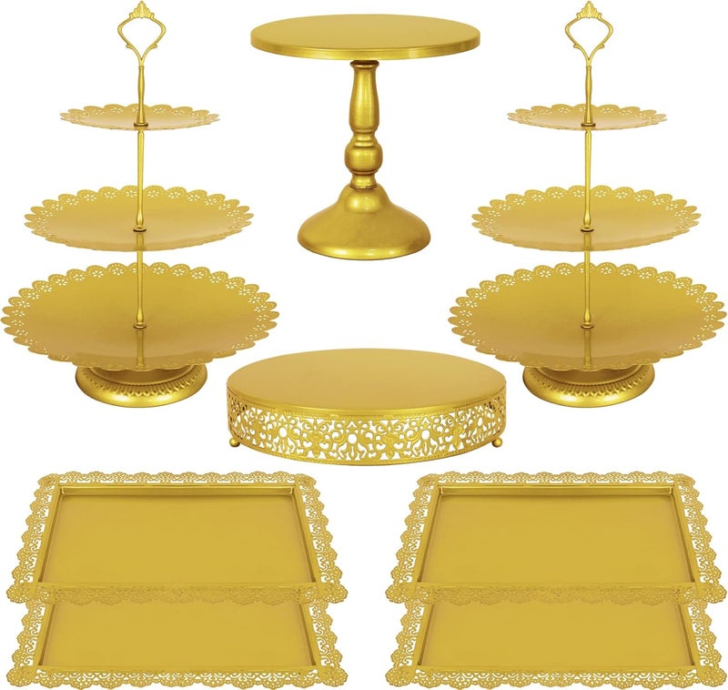 Fivenl 8 Pcs Cake Stand Gold Metal Dessert Table Display Set, 3-Tier Cupcake Stand, Cake Display Tower and Cookie Tray Rack Serving Tray for Birthday Party, Weddings, Baby Shower (Gold) - Image 1
