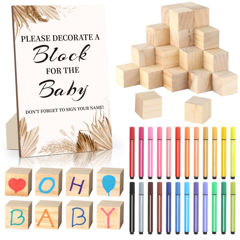 wookidel Baby Shower Games Sign Kit with 50 Blank Wooden Blocks 24 Acrylic Paint Marker and Wooden Sign Blocks for Baby Shower Games Gender Reveals Party Boho