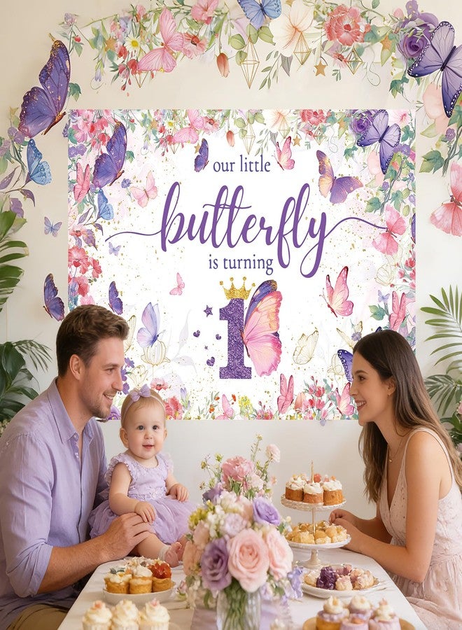 Purple Butterfly 1st Birthday Party Backdrop, Butterfly First Birthday Decorations for Girls, Baby 1st Birthday Decorations Banner, Birthday Decorations Photo Background - Image 5