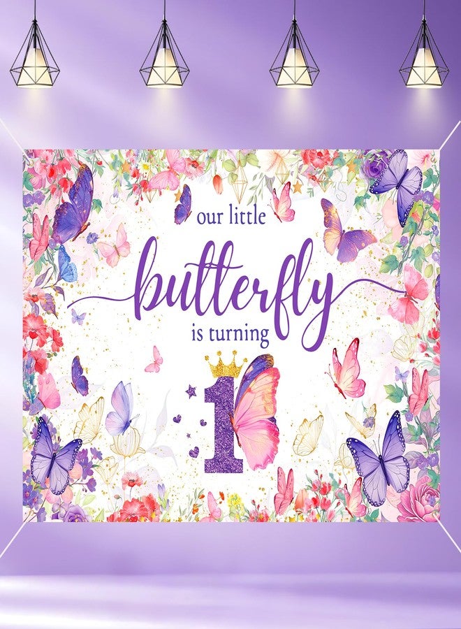 Purple Butterfly 1st Birthday Party Backdrop, Butterfly First Birthday Decorations for Girls, Baby 1st Birthday Decorations Banner, Birthday Decorations Photo Background - Image 1