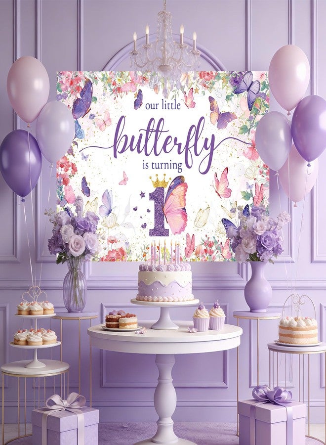 Purple Butterfly 1st Birthday Party Backdrop, Butterfly First Birthday Decorations for Girls, Baby 1st Birthday Decorations Banner, Birthday Decorations Photo Background - Image 3