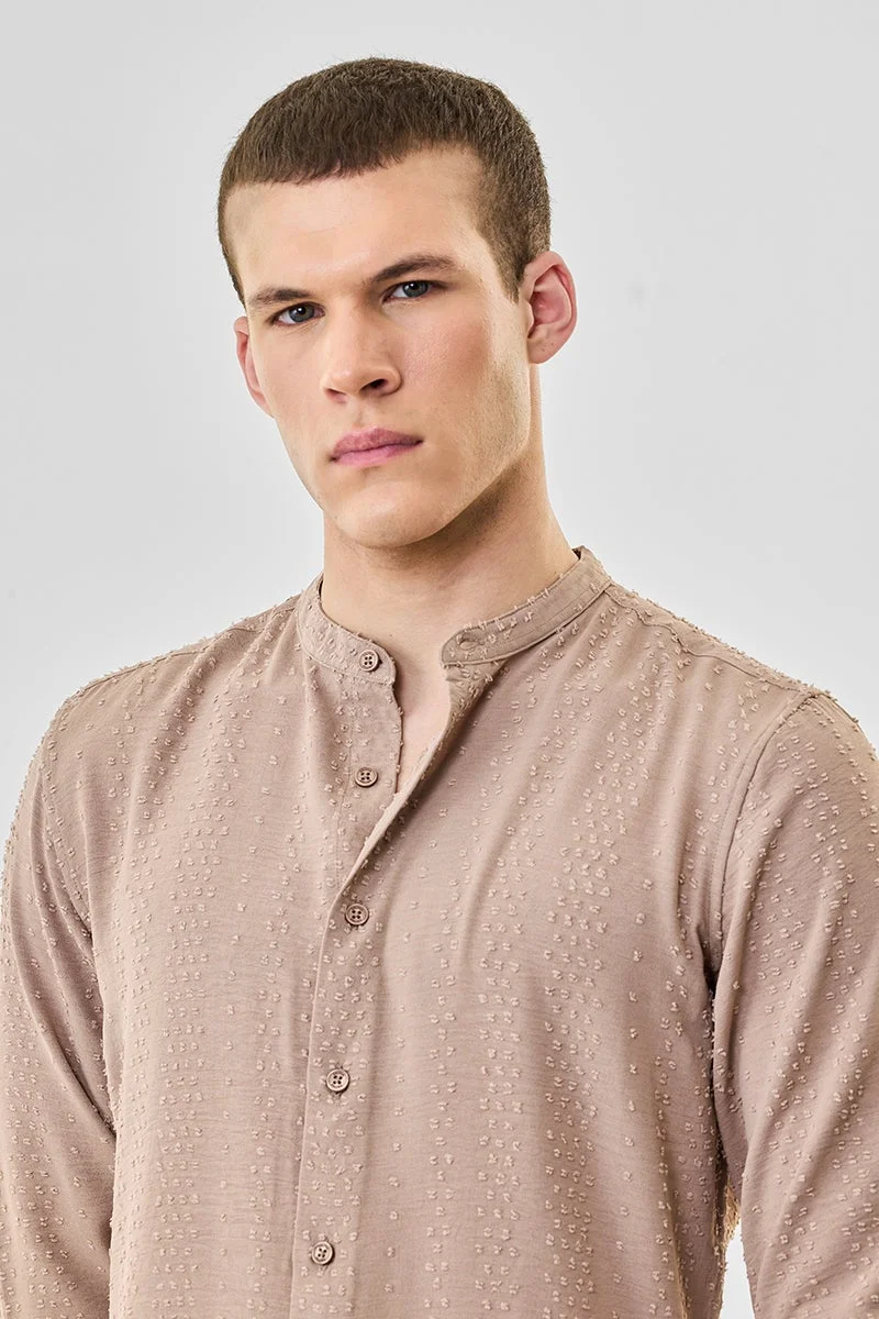 سنيتش Beige Textured Long Sleeve Slim Fit Shirt