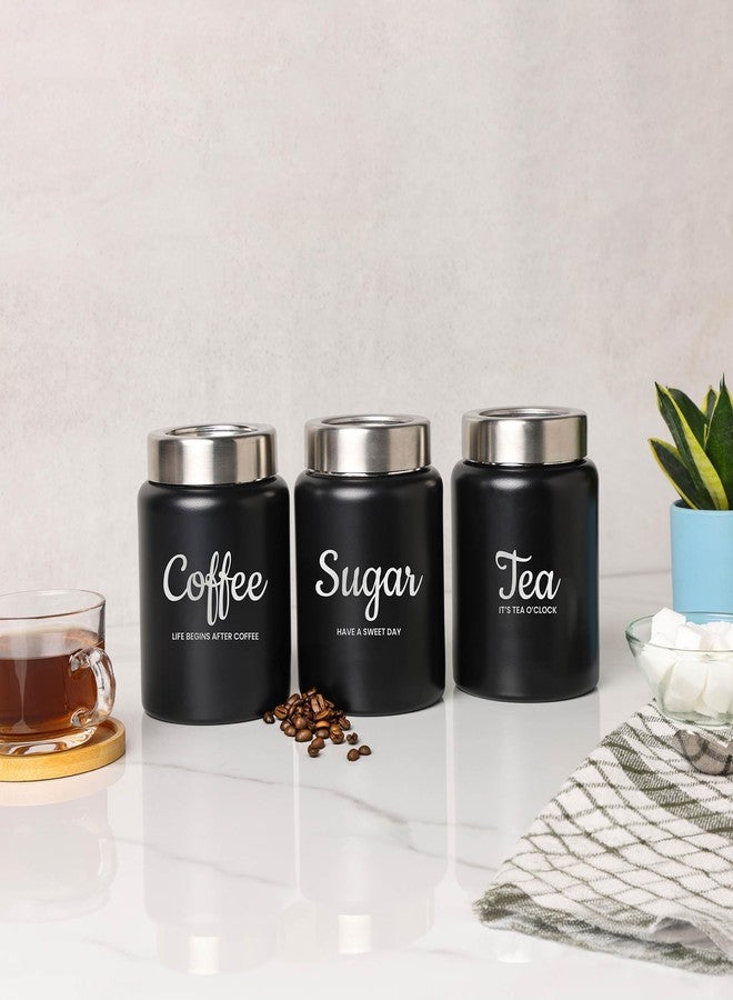 dudki Quoted Stainless Steel Round Canister/Kitchen Storage for Tea Coffee Sugar pack of 3 (BLACK) 800 Millilitre/Each Jar - Image 1