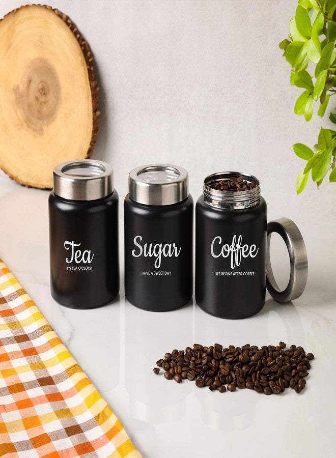 dudki Quoted Stainless Steel Round Canister/Kitchen Storage for Tea Coffee Sugar pack of 3 (BLACK) 800 Millilitre/Each Jar - Image 4
