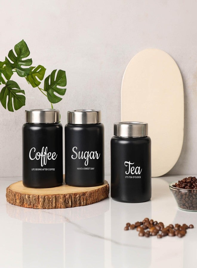 dudki Quoted Stainless Steel Round Canister/Kitchen Storage for Tea Coffee Sugar pack of 3 (BLACK) 800 Millilitre/Each Jar - Image 3