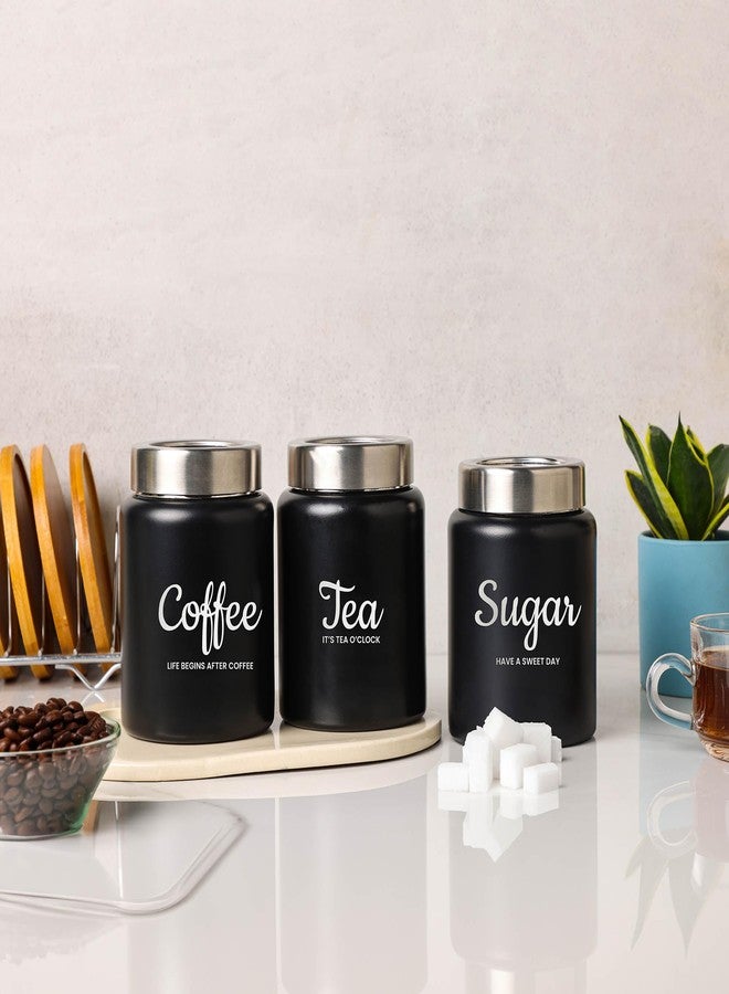 dudki Quoted Stainless Steel Round Canister/Kitchen Storage for Tea Coffee Sugar pack of 3 (BLACK) 800 Millilitre/Each Jar - Image 2