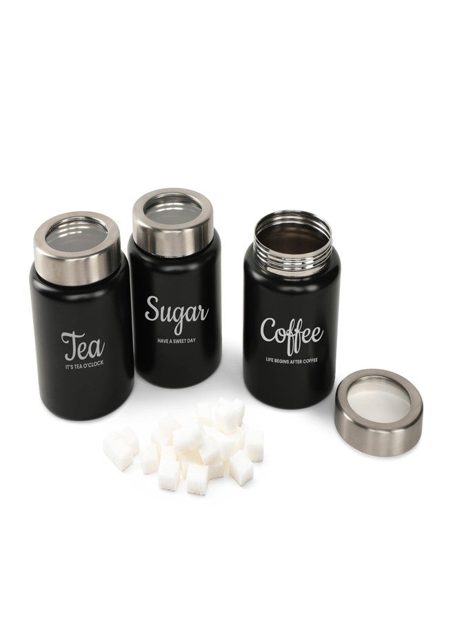 dudki Quoted Stainless Steel Round Canister/Kitchen Storage for Tea Coffee Sugar pack of 3 (BLACK) 800 Millilitre/Each Jar - Image 5