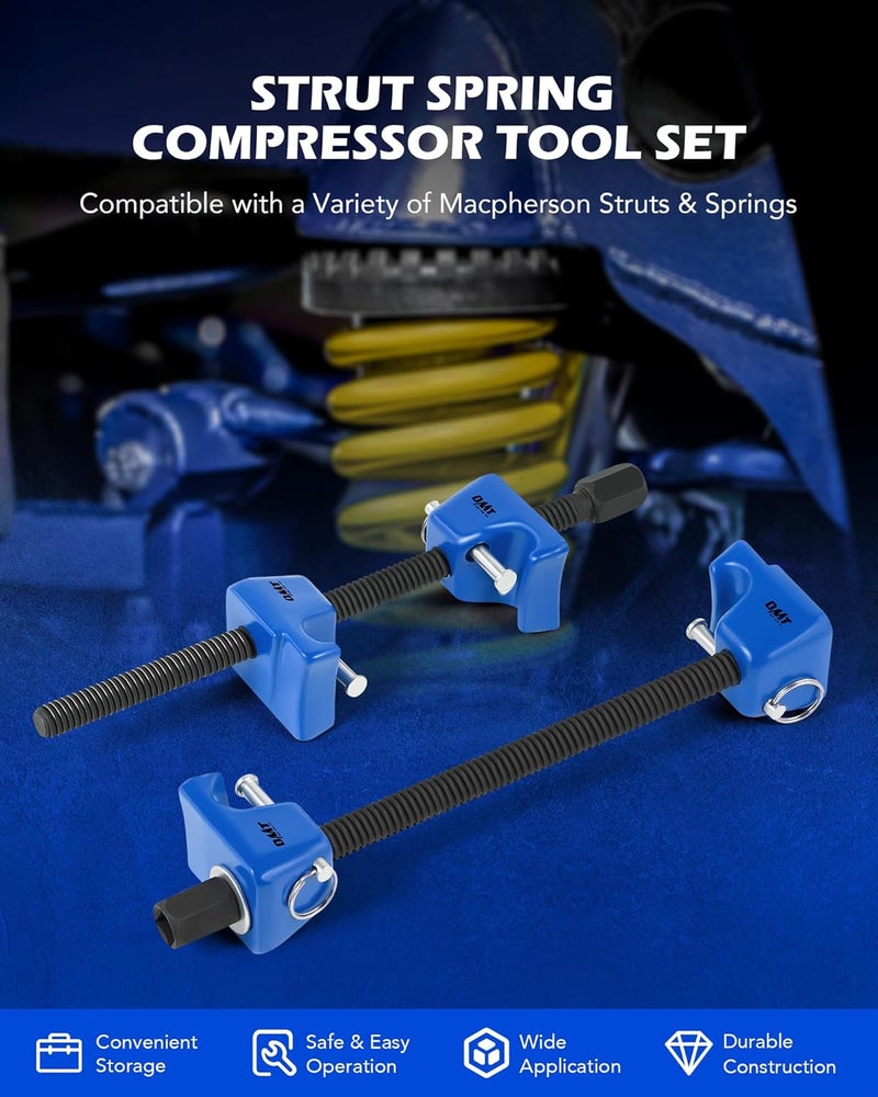 Orion Motor Tech مجموعة أدوات ضغط نوابض قضبان ماكفرسون من شركة أوريون موتور تك ( Macpherson Strut Spring Compressor Tool Set) بنطاق عمل يصل إلى 10.5 بوصة، تتضمن أدوات ضغط مزدوجة لنوابض الأسلاك ذات الحمل الثقيل بقاعدة مربعة بقطر 1/2 بوصة، بالإضافة إلى مجموعة أدوات سداسية الشكل (Hex Auto Tool Set) لأعمال النظام التعليقي، باللون الأزرق. - Image 2