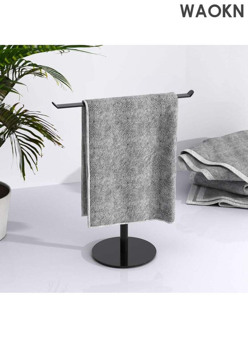 دبليو أيه أو كي أن رف مناشف من الفولاذ المقاوم للصدأ على شكل حرف T - منظم 2 في 1 مثبت على الحائط وسطح الطاولة، ملحقات حمام مقاومة للماء مع حامل عصابة رأس، حل تخزين مطبخ موفر للمساحة، تصميم عصري مقاوم للصدأ (أسود) - Image 2