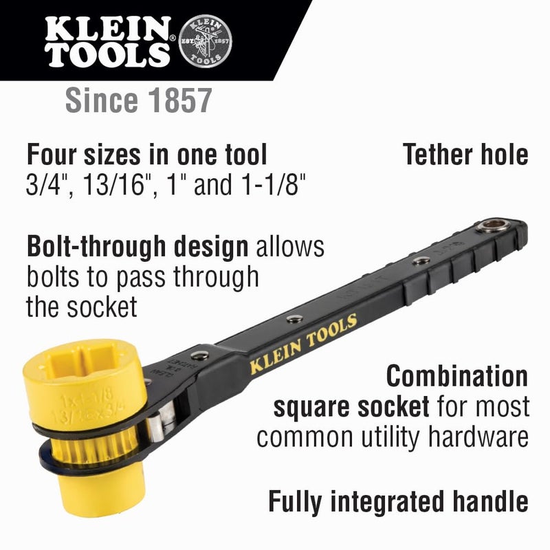 Klein Tools KT151T Lineman's Ratcheting Wrench with Bolt-Through Design, 3/4-Inch, 13/16-Inch, 1-Inch x 1-1/8-Inch Combination Square Socket - Image 2