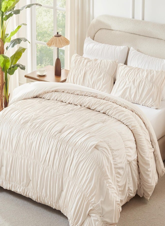 Andency Ruched Beige Full Size Comforter Sets, Shabby Chic Pleatd Bedding Sets 3 Pieces, Lightweight Soft Boho Ruffle Bed Set for Girls, Kids, Women, All Season - Image 2