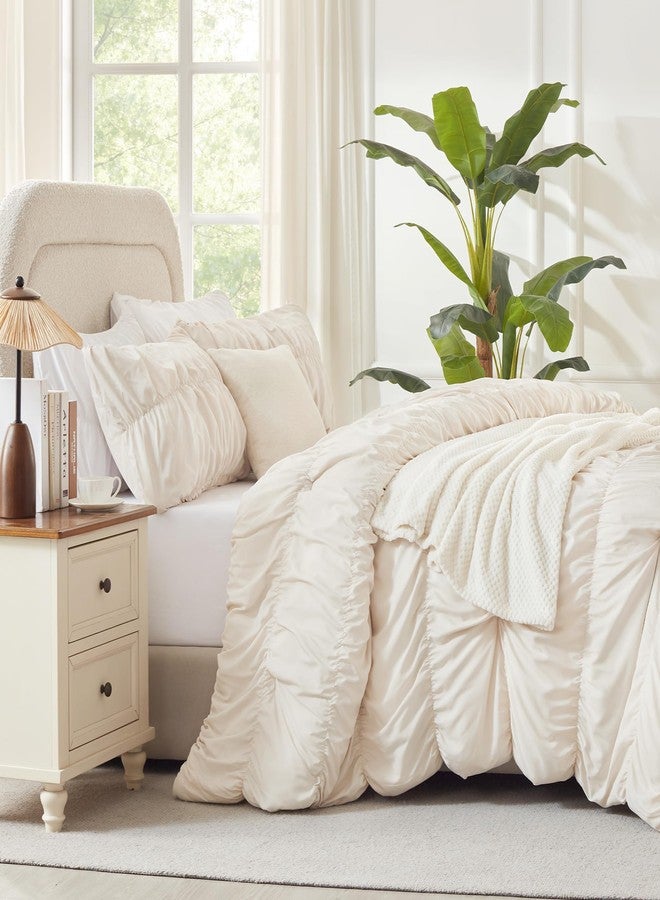 Andency Ruched Beige Full Size Comforter Sets, Shabby Chic Pleatd Bedding Sets 3 Pieces, Lightweight Soft Boho Ruffle Bed Set for Girls, Kids, Women, All Season - Image 4