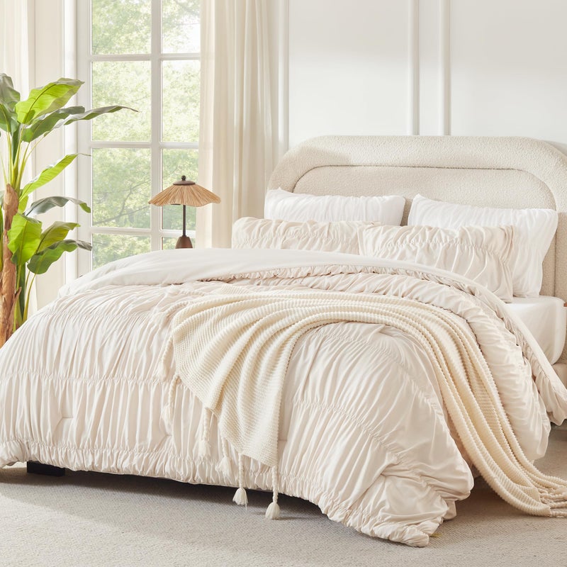 Andency Ruched Beige Full Size Comforter Sets, Shabby Chic Pleatd Bedding Sets 3 Pieces, Lightweight Soft Boho Ruffle Bed Set for Girls, Kids, Women, All Season - Image 1