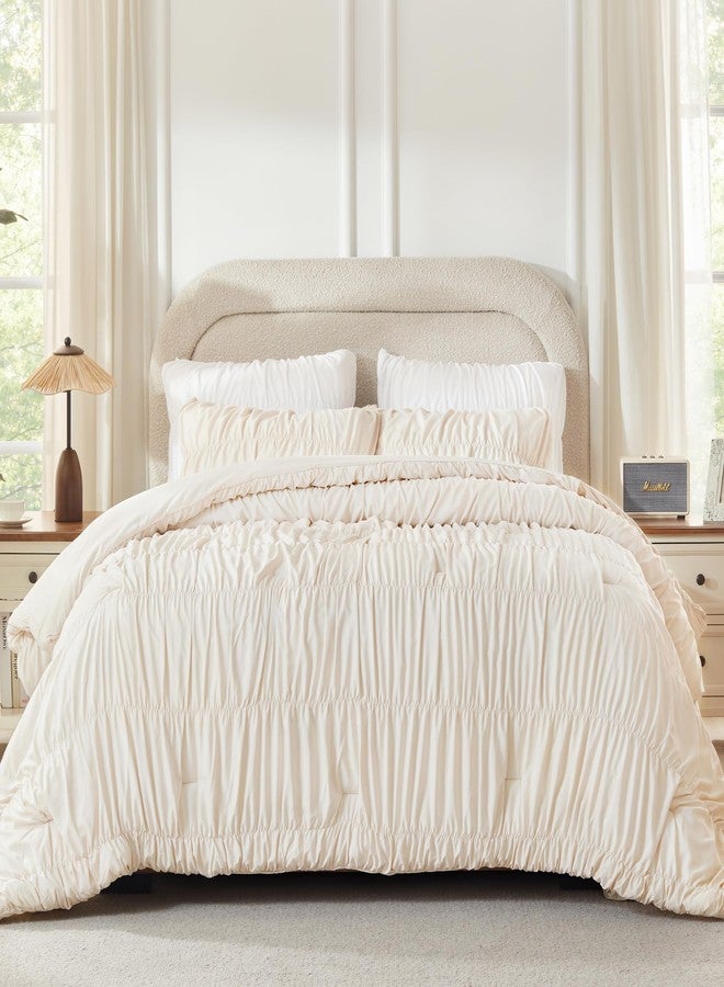 Andency Ruched Beige Full Size Comforter Sets, Shabby Chic Pleatd Bedding Sets 3 Pieces, Lightweight Soft Boho Ruffle Bed Set for Girls, Kids, Women, All Season - Image 3
