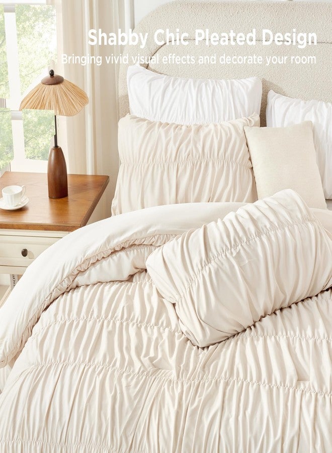 Andency Ruched Beige Full Size Comforter Sets, Shabby Chic Pleatd Bedding Sets 3 Pieces, Lightweight Soft Boho Ruffle Bed Set for Girls, Kids, Women, All Season - Image 5