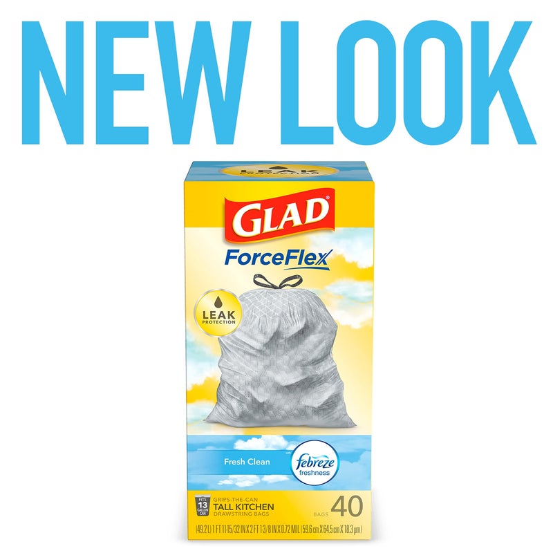 Glad Trash Bags, ForceFlex Tall Kitchen Drawstring Garbage Bags, Fresh Clean, 13 Gal, 40 Ct (Package May Vary) - Image 1