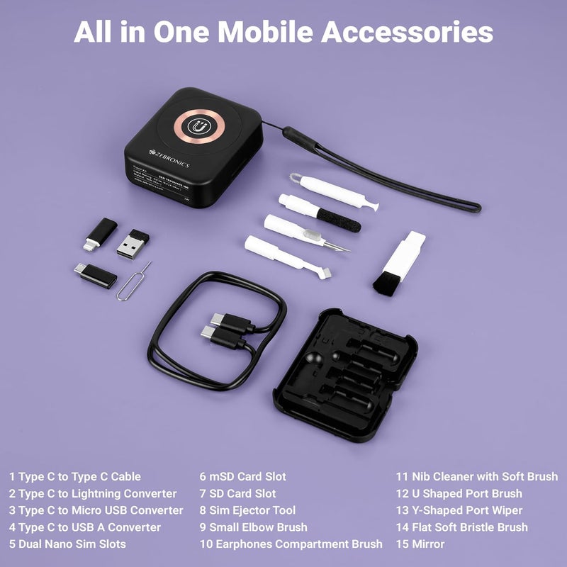 ZEBRONICS شاحن لاسلكي 15 واط ماغسيف، مجموعة تنظيف، مجموعة كابل بيانات 60 واط - محولات نوع C، مايكرو USB، لايتنينغ، USB A، حامل موبايل، مرآة جيب، 7 أدوات تنظيف (ترافميت 100) - Image 2