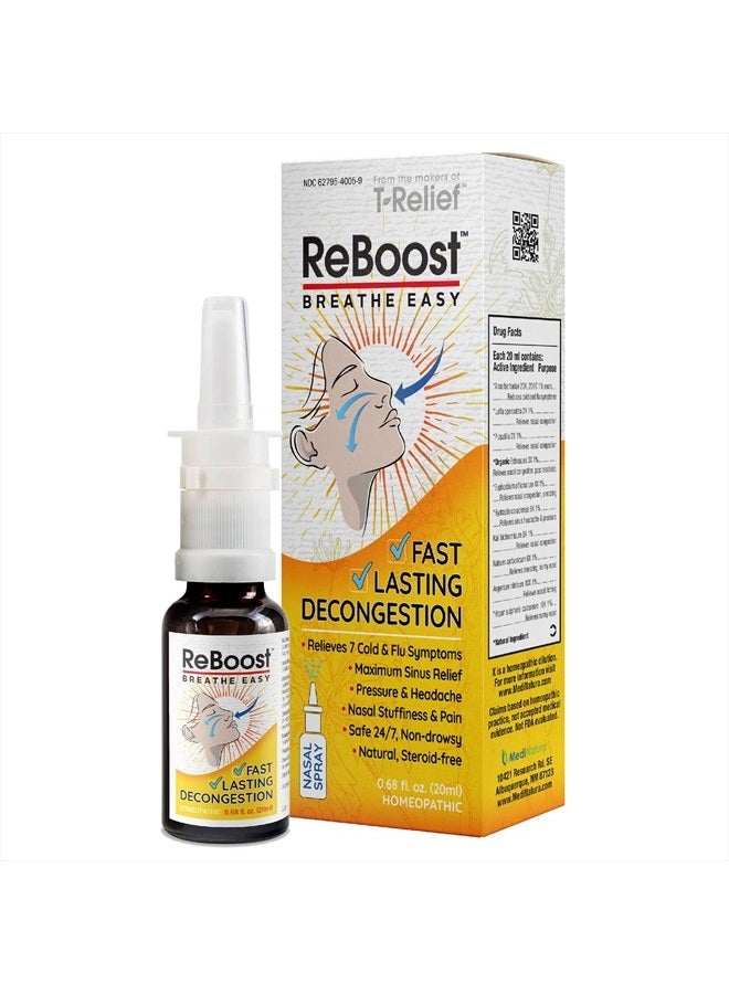 MediNatura ReBoost Breathe Easy Decongestion Nasal Spray Fast-Acting Cold & Flu Symptom Relief Natural Homeopathic Ingredients Help Calm Congestion, Headache & Sinus Pressure - 0.68 oz  - Image 1