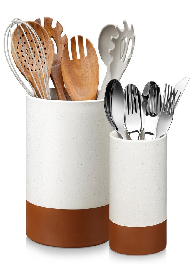 MALACASA Utensil Holder, 7.3"+5.5" Ceramic Kitchen Utensil Holder for Countertop, Large Cooking Utensil Crocks for Kitchen Counter, Farmhouse Utensils Organizer, Set of 2, Khaki White, Series TARA - Image 1