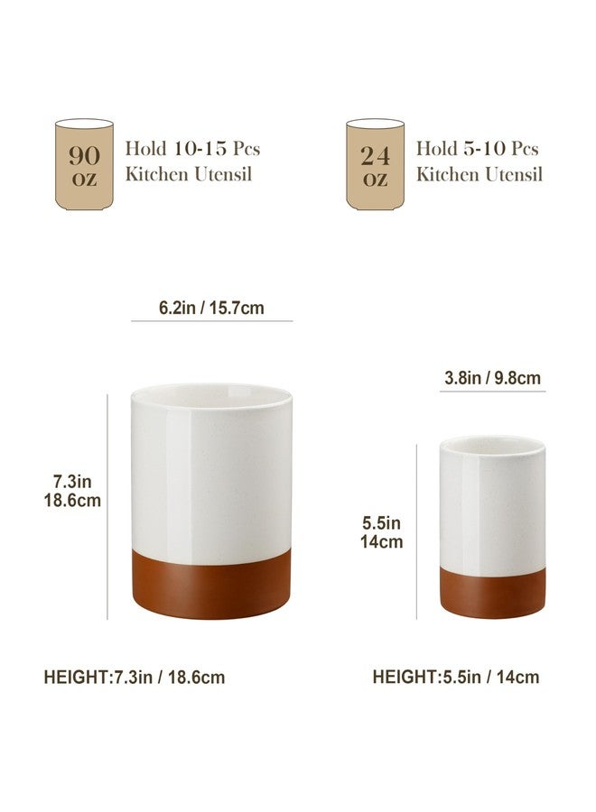 MALACASA Utensil Holder, 7.3"+5.5" Ceramic Kitchen Utensil Holder for Countertop, Large Cooking Utensil Crocks for Kitchen Counter, Farmhouse Utensils Organizer, Set of 2, Khaki White, Series TARA - Image 2