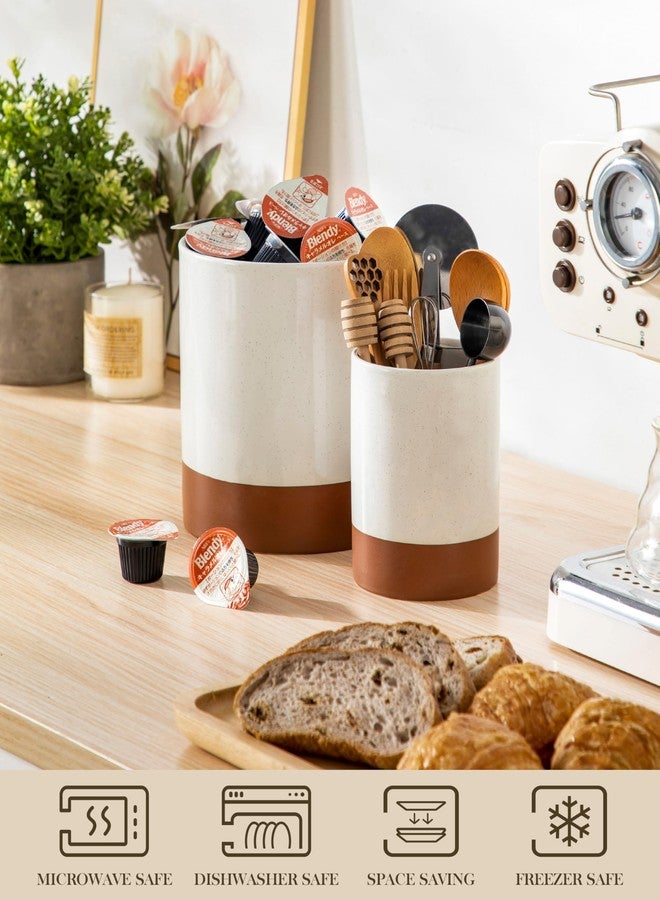 MALACASA Utensil Holder, 7.3"+5.5" Ceramic Kitchen Utensil Holder for Countertop, Large Cooking Utensil Crocks for Kitchen Counter, Farmhouse Utensils Organizer, Set of 2, Khaki White, Series TARA - Image 4