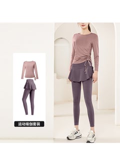Womens Two-piece Illusion Yoga Skort Suit Long Sleeve Top For Running Fitness Training Lycra Fabric Sizes S-xl Light purple-two-piece suit