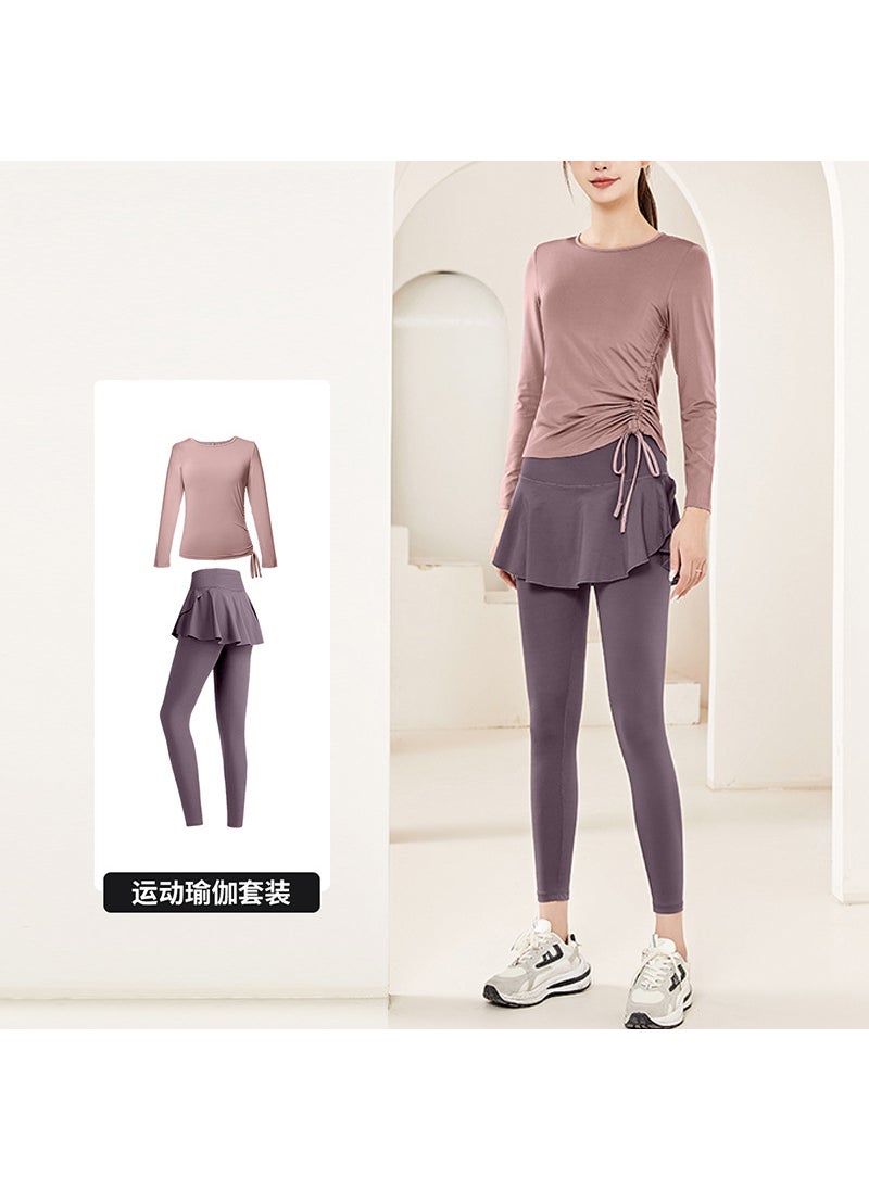 Generic - Womens Two-piece Illusion Yoga Skort Suit Long Sleeve Top For Running Fitness Training Lycra Fabric Sizes S-xl Light purple-two-piece suit - Image 1