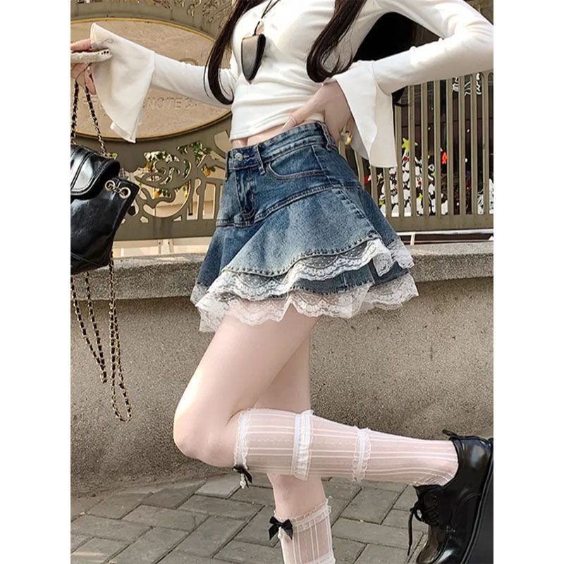 2025 American Style Vintage Denim Cake Pleated Skirt Womens Summer New Lace Stitching Tutu Skirt Pants Skirt Retro blue [selected high quality] 