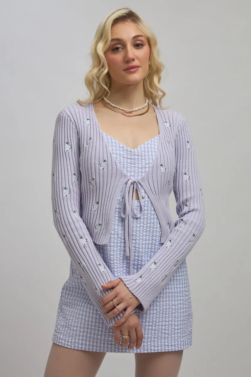 فيرجيو Floral Cotton Front Open Embroidery Tie-Up Top for Women