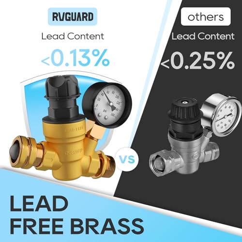 RVGUARD صمام تنظيم ضغط الماء RVGUARD مع مقبض قابل للتعديل، لا حاجة لأدوات، مخفض ضغط الماء من النحاس خالي من الرصاص مع مقياس وفلتر شاشة مدخل لمقطورة السفر RV - Image 5