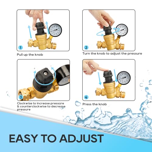 RVGUARD صمام تنظيم ضغط الماء RVGUARD مع مقبض قابل للتعديل، لا حاجة لأدوات، مخفض ضغط الماء من النحاس خالي من الرصاص مع مقياس وفلتر شاشة مدخل لمقطورة السفر RV - Image 2