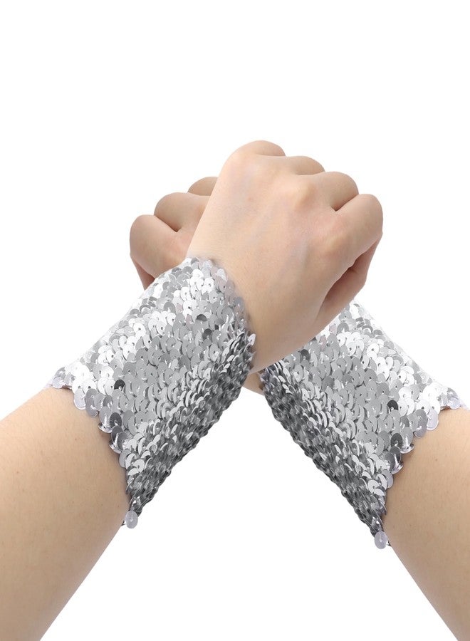 Suillty 3 Pairs Sparkly Sequin Wide Bracelet Reversible Slap Strap Glitter Strenty Elbow Cuffs Wristband for Party Festival Rave Dance Halloween Cosplay Costume - Image 4