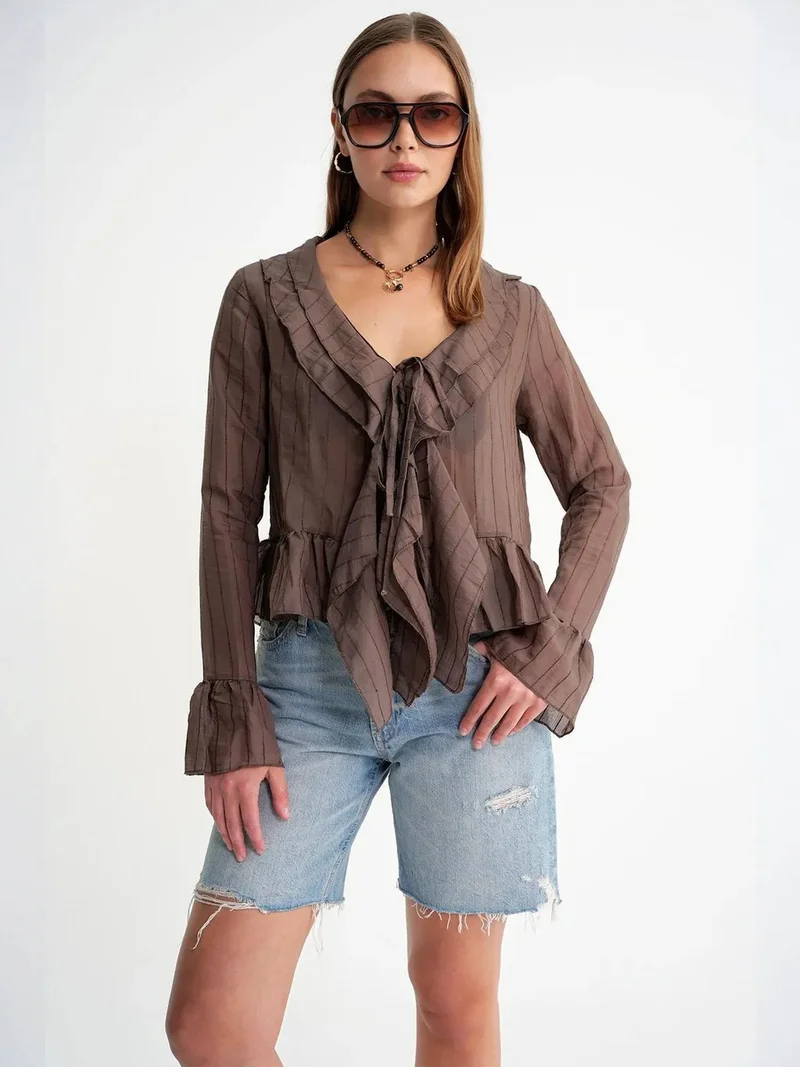 ميكسراي Mixray Frilly V-neck Striped Blouse with Tie Closure