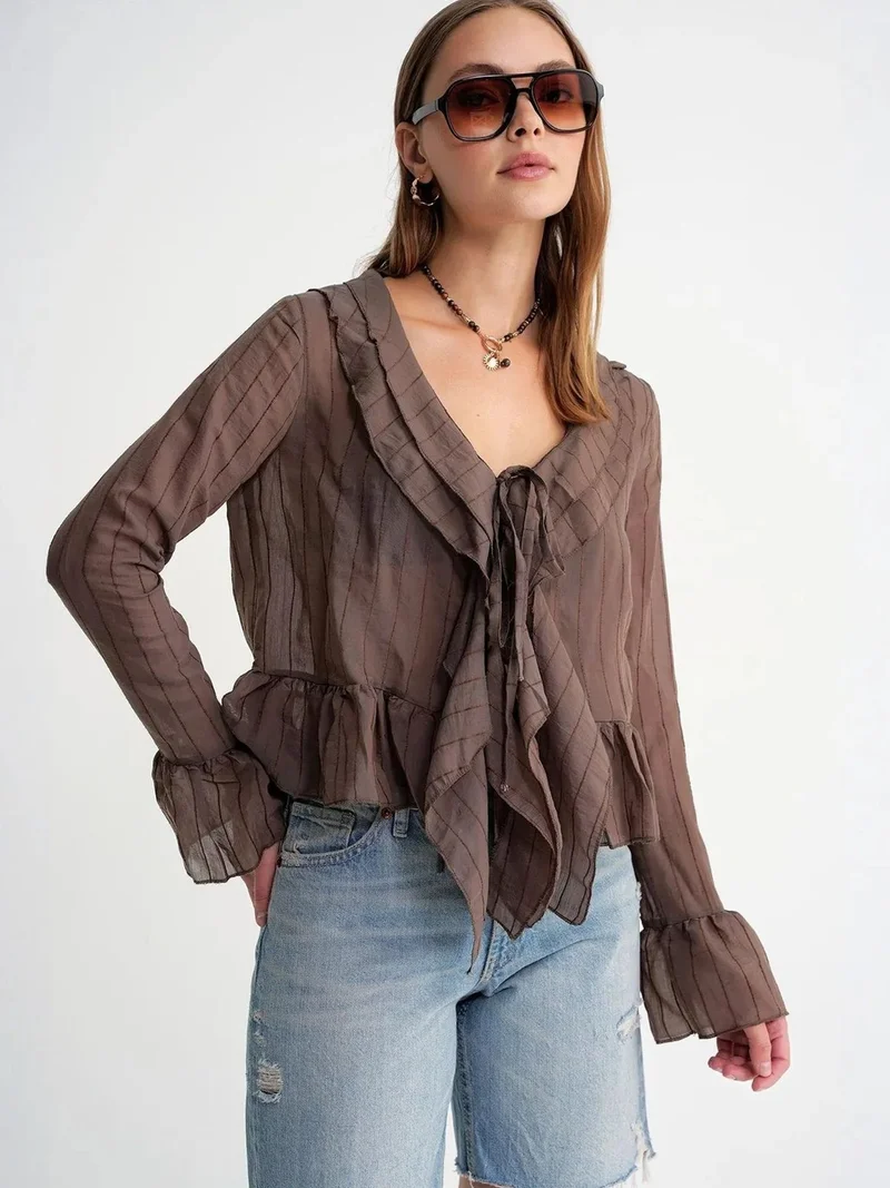 ميكسراي Mixray Frilly V-neck Striped Blouse with Tie Closure