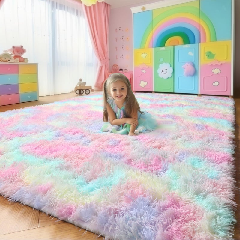 Rainbow Fluffy Kids Rugs for Girls Bedroom Unicorn Room Decor Aesthetic 6x9 Colorful Pastel Shag Area Rugs for Playroom Nursery Classroom Cute Fuzzy Kawaii Princess Carpet for Baby Toddler Teen