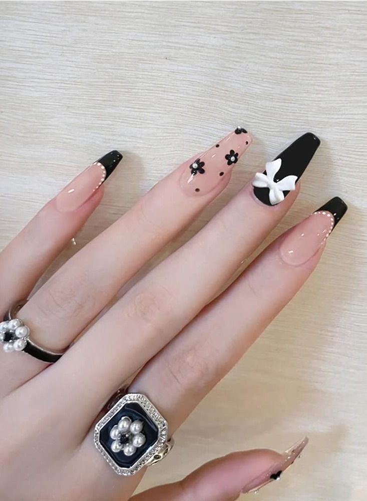 SYOSI Fake Nails, 24Pcs Glossy Medium Press on Nails with Design, Pink Acrylic Nails Press on, Artificial Glue on Nails, Fake Nails with Flower Bow for Nail Art Decoration - Image 2