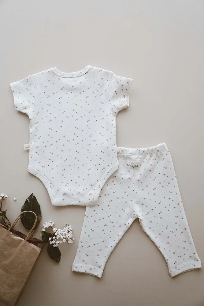 اوهلالا كوالا Pink Floral Printed Baby Bodysuit - Tights Set