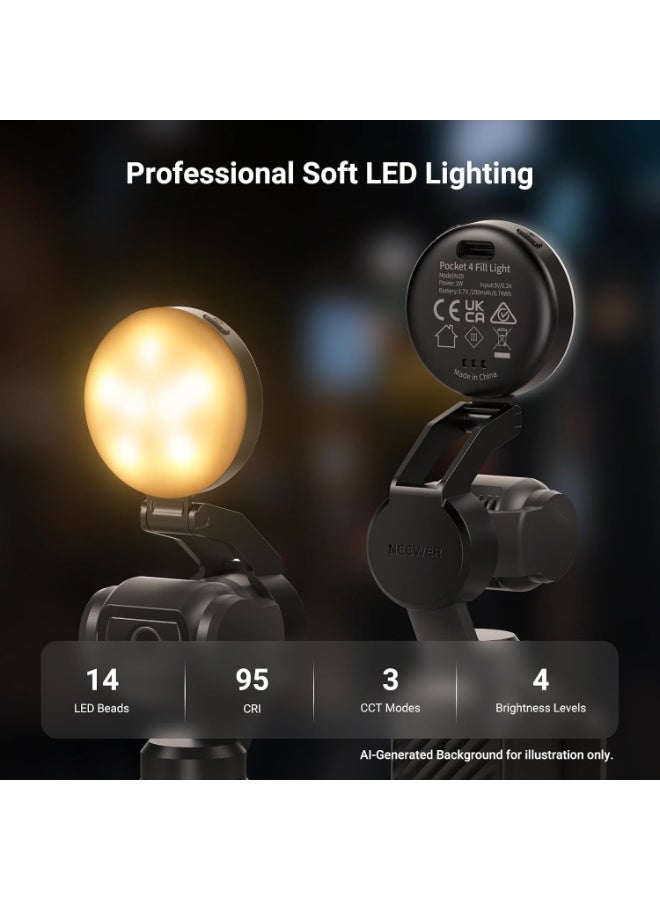 Neewer Mini LED Auxiliary Fill Light and two AR Screen Protectors Compatible with DJI OSMO Pocket 4 & Pocket 4 Pro, Gimbal Camera Accessories, 1W CRI95 200mAh 3 CCT Modes USB C Charging, Lighting for Selfie Vlog Streaming - Image 3