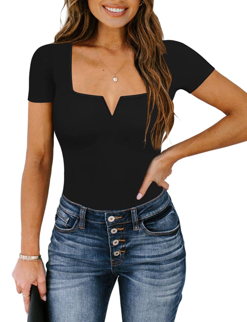 Chunpin Women's Short Sleeve Bodysuit Square Neck Notch V Neck Body Suits Double Lined Going Out Outfits Thong Bodysuits Black X-Large - Image 3
