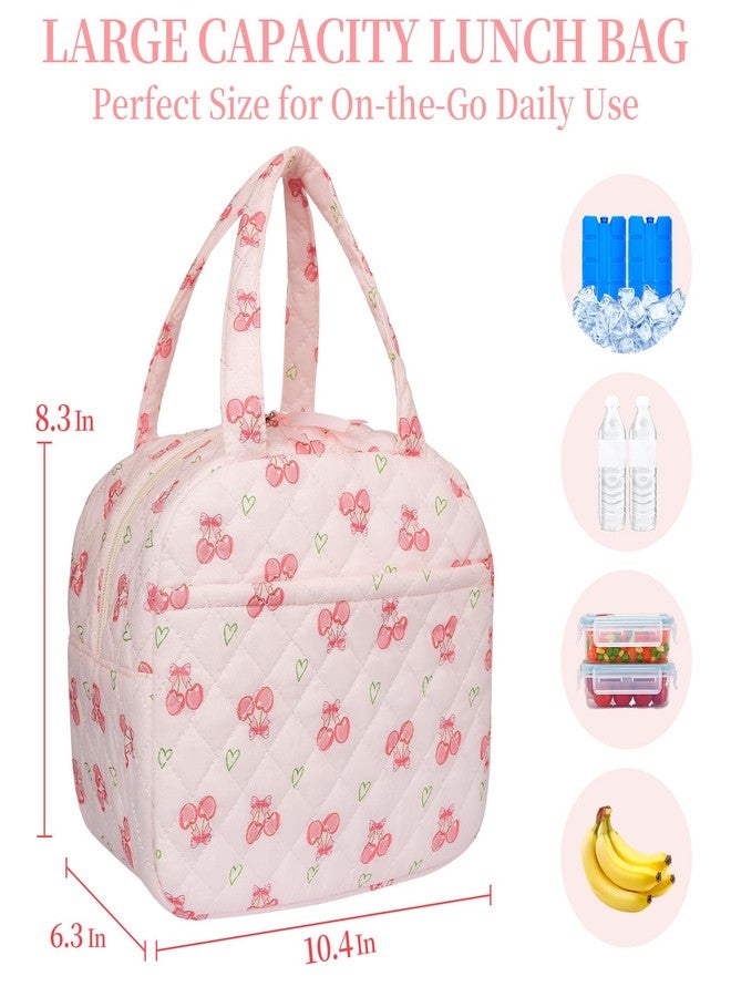 WOBAGMEN Quilted Lunch Box for Women,Insulated Cute Reusable Lunch Bag with Front Pocket,Pink Flower Stylish Lunch Tote Bag for Work, Office,Picnic, Travel,School (cherry heart) - Image 2