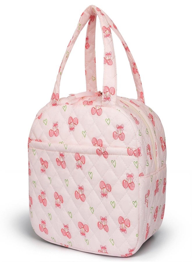 WOBAGMEN Quilted Lunch Box for Women,Insulated Cute Reusable Lunch Bag with Front Pocket,Pink Flower Stylish Lunch Tote Bag for Work, Office,Picnic, Travel,School (cherry heart) - Image 1