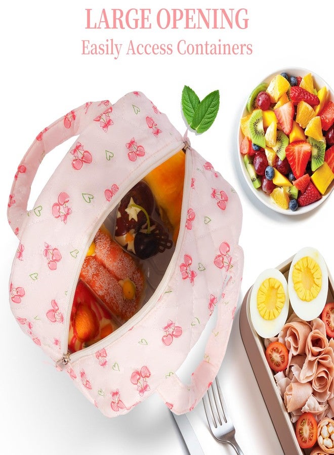 WOBAGMEN Quilted Lunch Box for Women,Insulated Cute Reusable Lunch Bag with Front Pocket,Pink Flower Stylish Lunch Tote Bag for Work, Office,Picnic, Travel,School (cherry heart) - Image 4