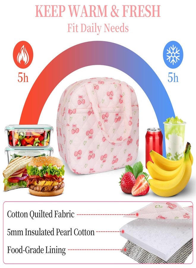 WOBAGMEN Quilted Lunch Box for Women,Insulated Cute Reusable Lunch Bag with Front Pocket,Pink Flower Stylish Lunch Tote Bag for Work, Office,Picnic, Travel,School (cherry heart) - Image 5