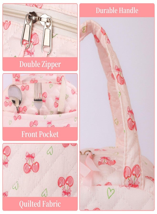 WOBAGMEN Quilted Lunch Box for Women,Insulated Cute Reusable Lunch Bag with Front Pocket,Pink Flower Stylish Lunch Tote Bag for Work, Office,Picnic, Travel,School (cherry heart) - Image 3