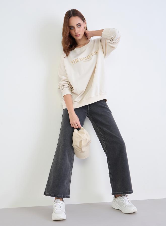 Styli Cream Embroidered Slogan Sweatshirt - Image 2