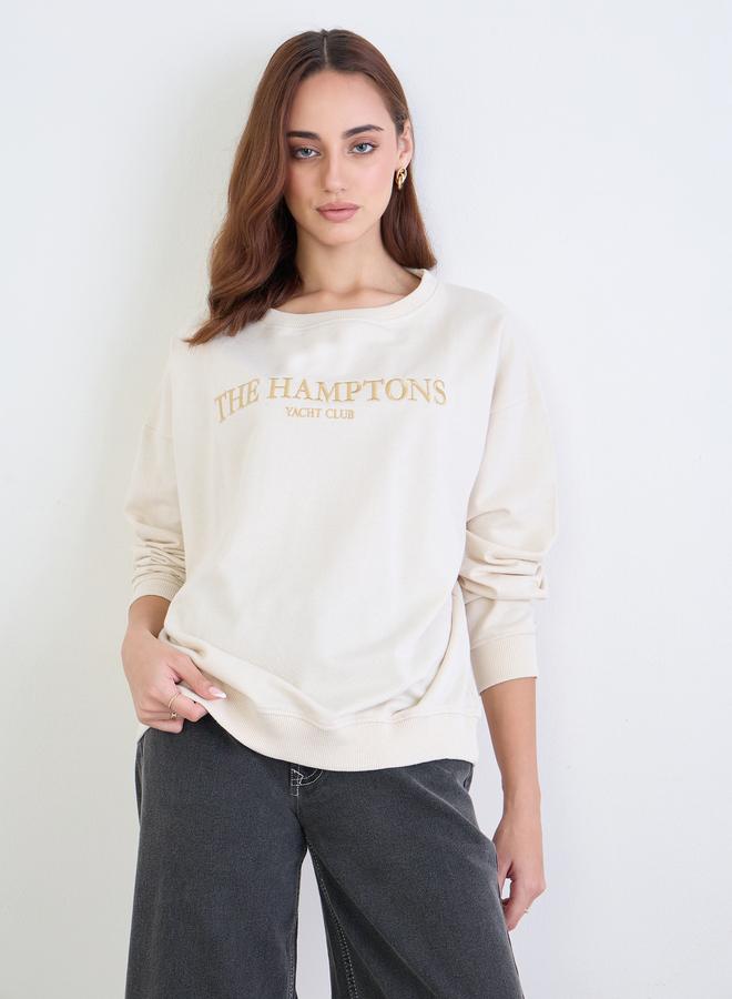 Styli Cream Embroidered Slogan Sweatshirt - Image 1