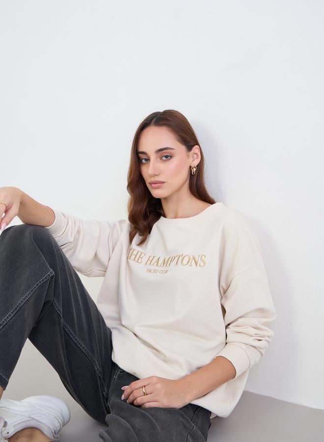 Styli Cream Embroidered Slogan Sweatshirt - Image 3