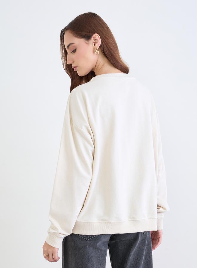 Styli Cream Embroidered Slogan Sweatshirt - Image 5