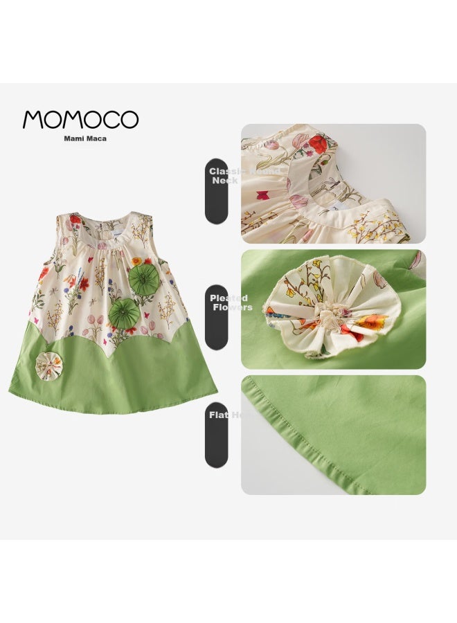 Momoco Girls' Summer Cotton Design Ruffle Cotton Dress Green 110 - Image 2
